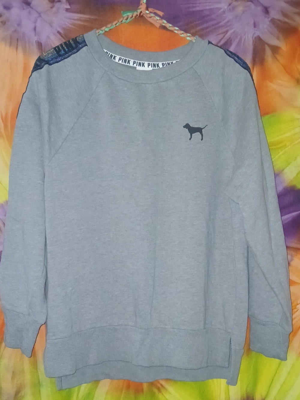 PINK Victoria's Secret Dog Logo Sweatshirt Light Gray with Rainbow Trim XS